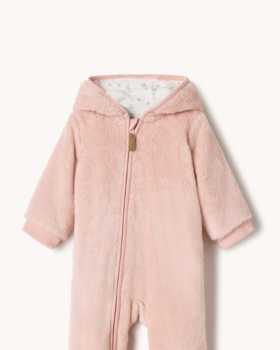 image 1 of F&F Baby Fleece Hooded Pramsuit in Pink