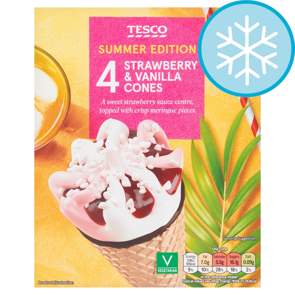 Tesco Strawberry & Vanilla Cones 4 X 110Ml