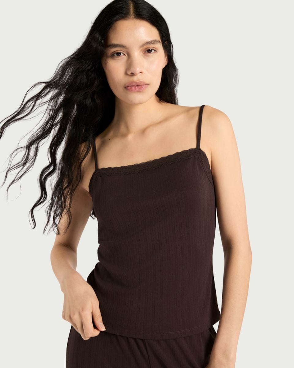 image 1 of F&F 2-Piece Textured Lace Trim Pyjama Set in Chocolate