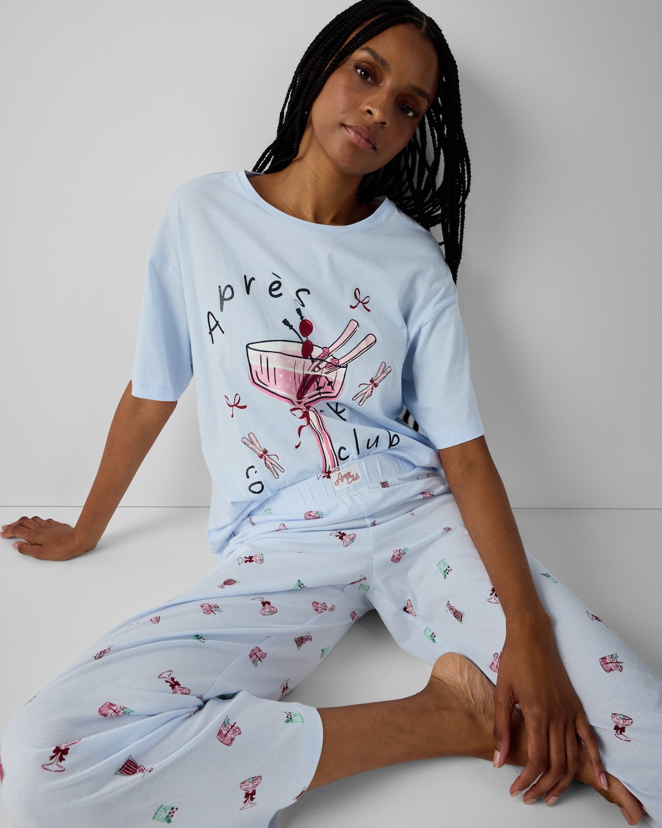 image 1 of F&F Pure Cotton Cocktail Print Pyjama Bottoms in Blue