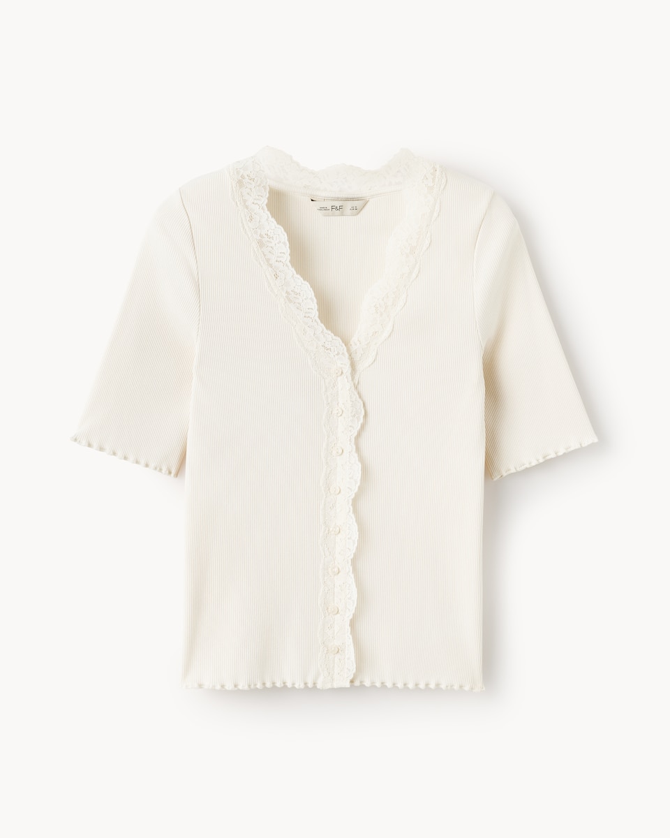 image 1 of The F&F Edit Lace Trim Button Up Top in Cream
