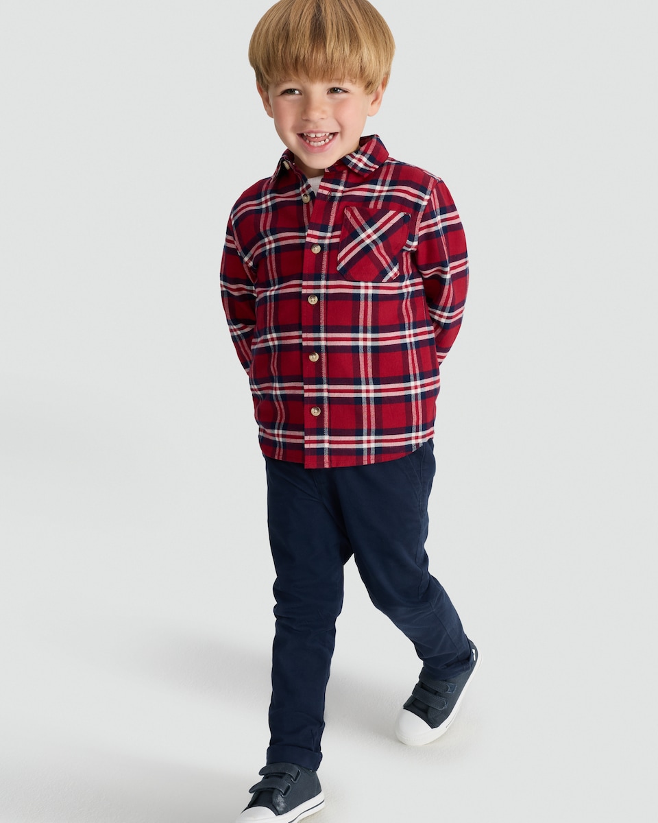 image 1 of F&F Boys Pure Cotton Check Print Long Sleeved Shirt in Red