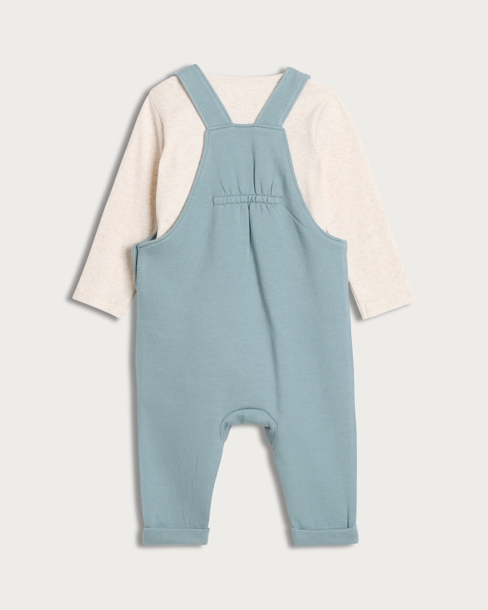 image 1 of F&F Baby 2-Piece Cotton Rich Embroidered Dinosaur Dungarees and Bodysuit Set in Green