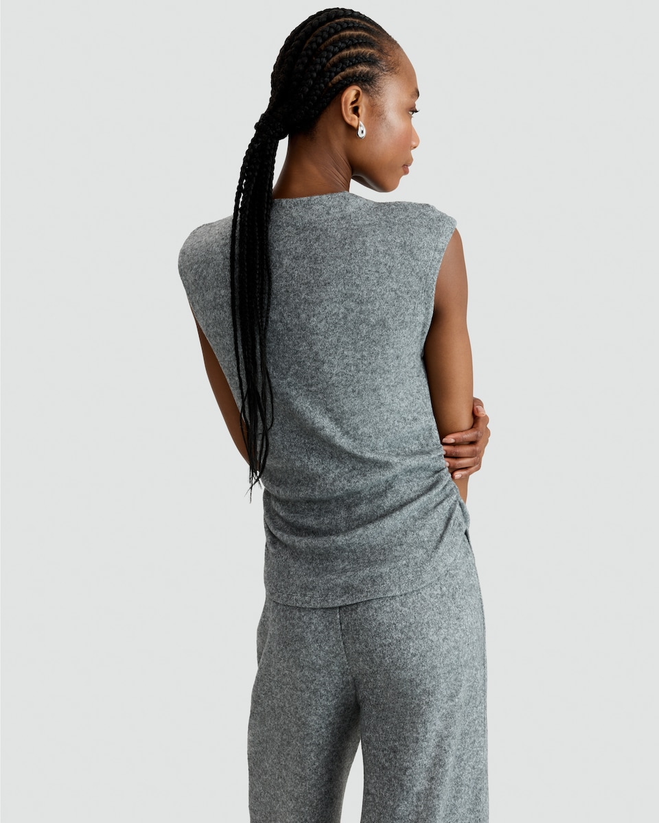image 1 of F&F Textured High Neck Ruched Side Sleeveless Top in Grey
