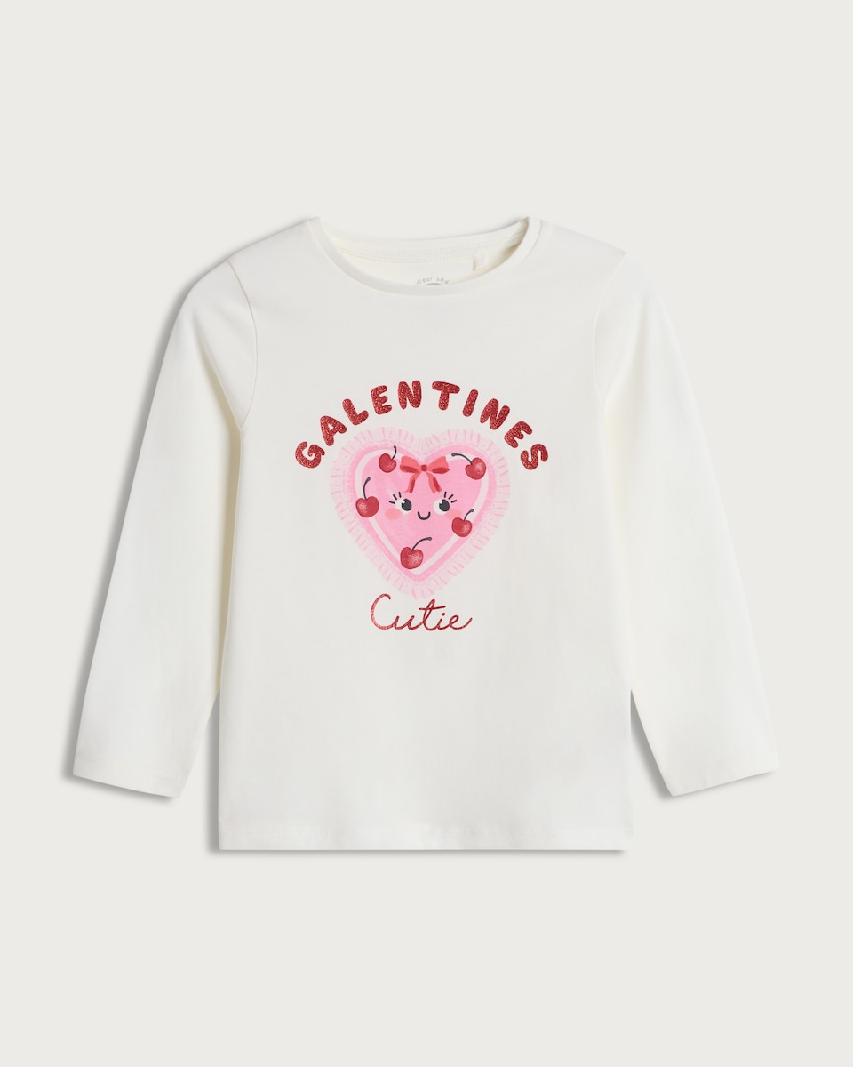image 1 of F&F Girls Pure Cotton Galentines Cutie Long Sleeved Top in White