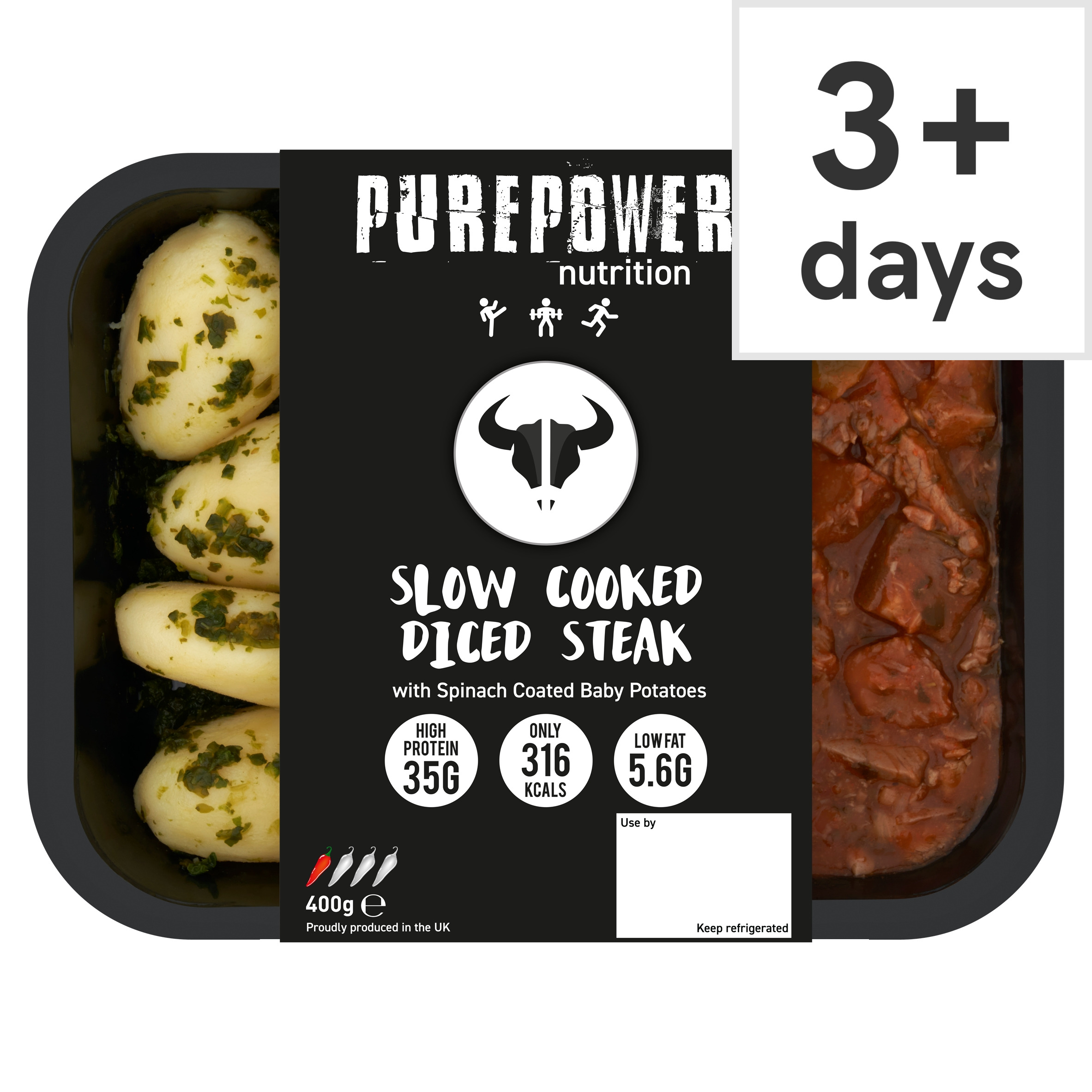 PUREPOWER NUTRITION SLOW COOKED DICED STEAK WITH SPINACH COATED BABY POTATOES 400G