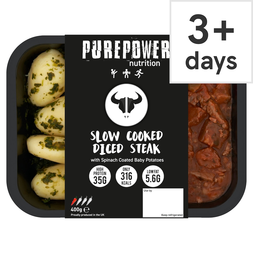 PUREPOWER NUTRITION SLOW COOKED DICED STEAK WITH SPINACH COATED BABY POTATOES 400G