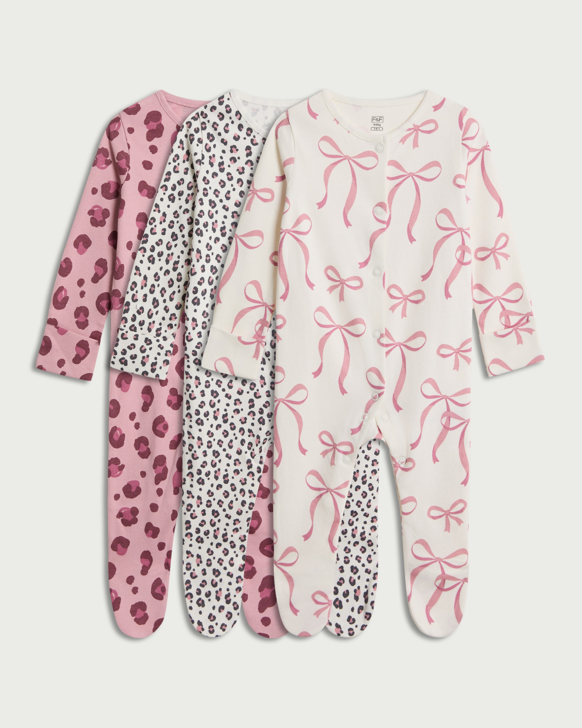 F&F Baby 3-Pack Pure Cotton Sleepsuits in Pink