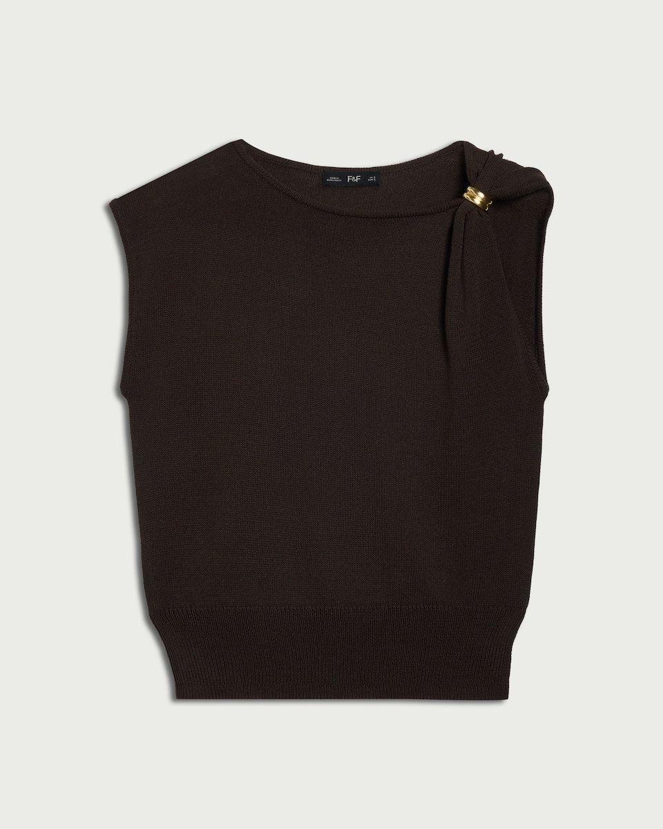 image 1 of F&F Knitted Ring Accent Top in Brown
