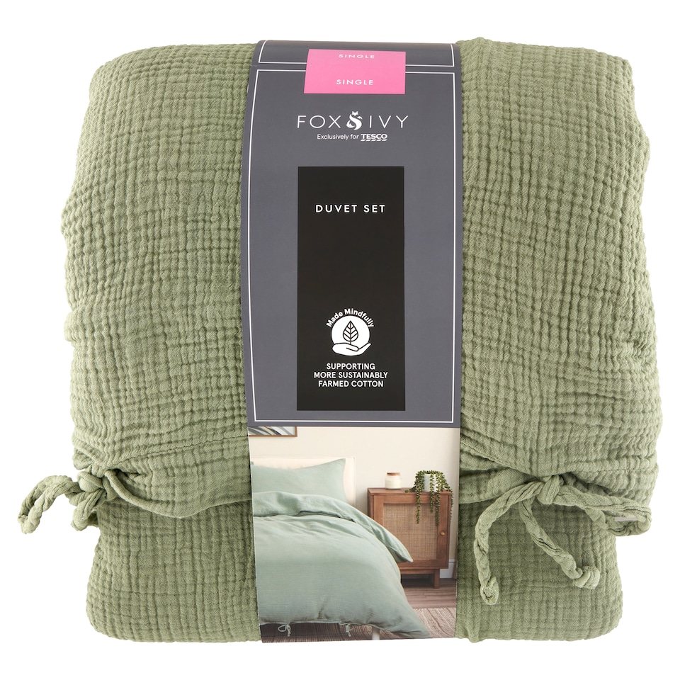 Fox & Ivy Muslin Sage Duvet Set 140 x 200 cm