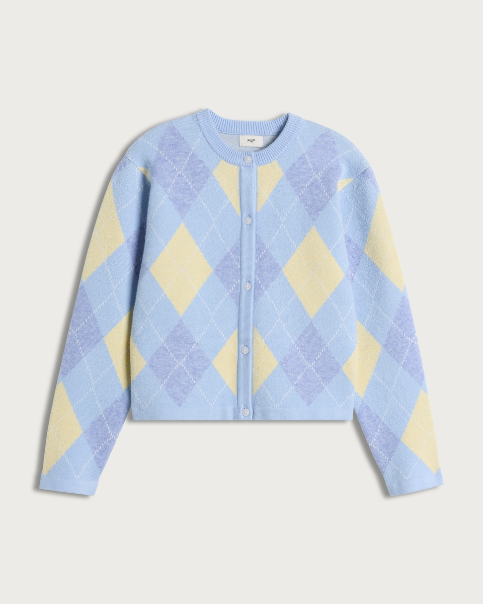 image 1 of F&F Girls Argyle Button Up Cardigan in Multi Blue