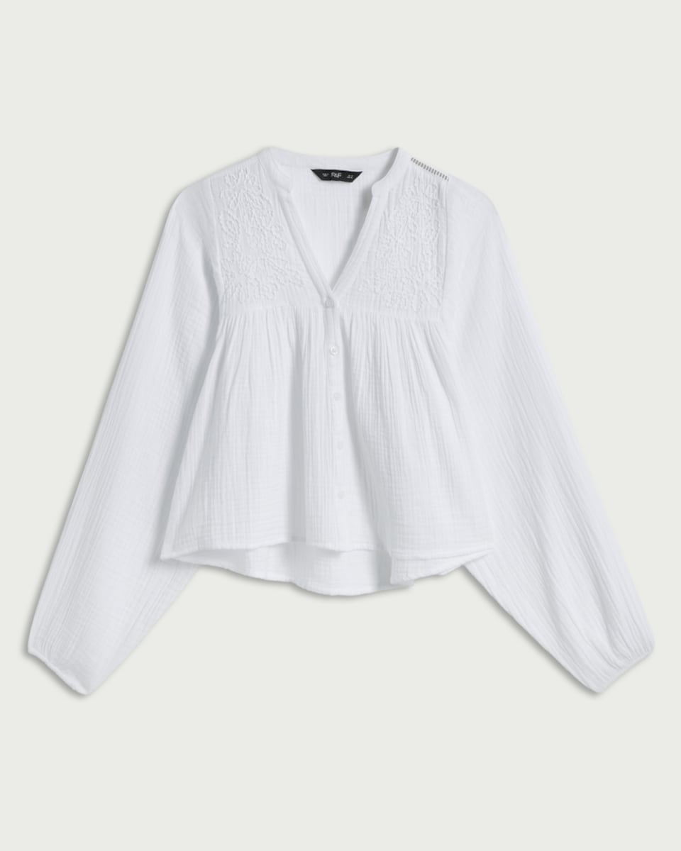 image 1 of F&F Pure Cotton Double Cloth Embroidered Button Front Blouse in White