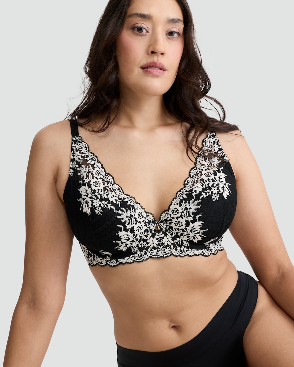 image 1 of F&F Fuller Bust Floral Lace Detail Underwired Plunge Bra in Black