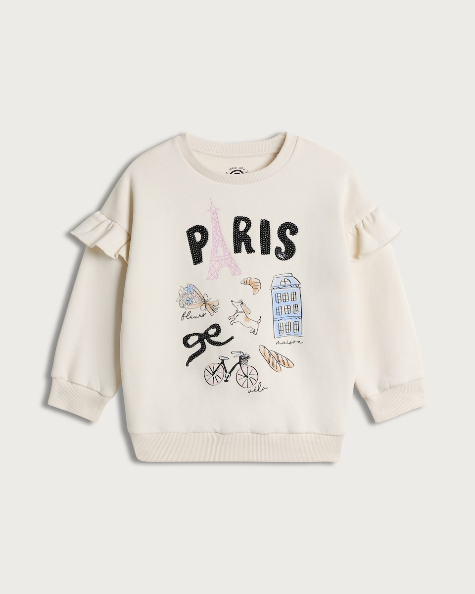 image 1 of F&F Girls Cotton Rich Paris Print Ruffle Sweatshirt in Cream