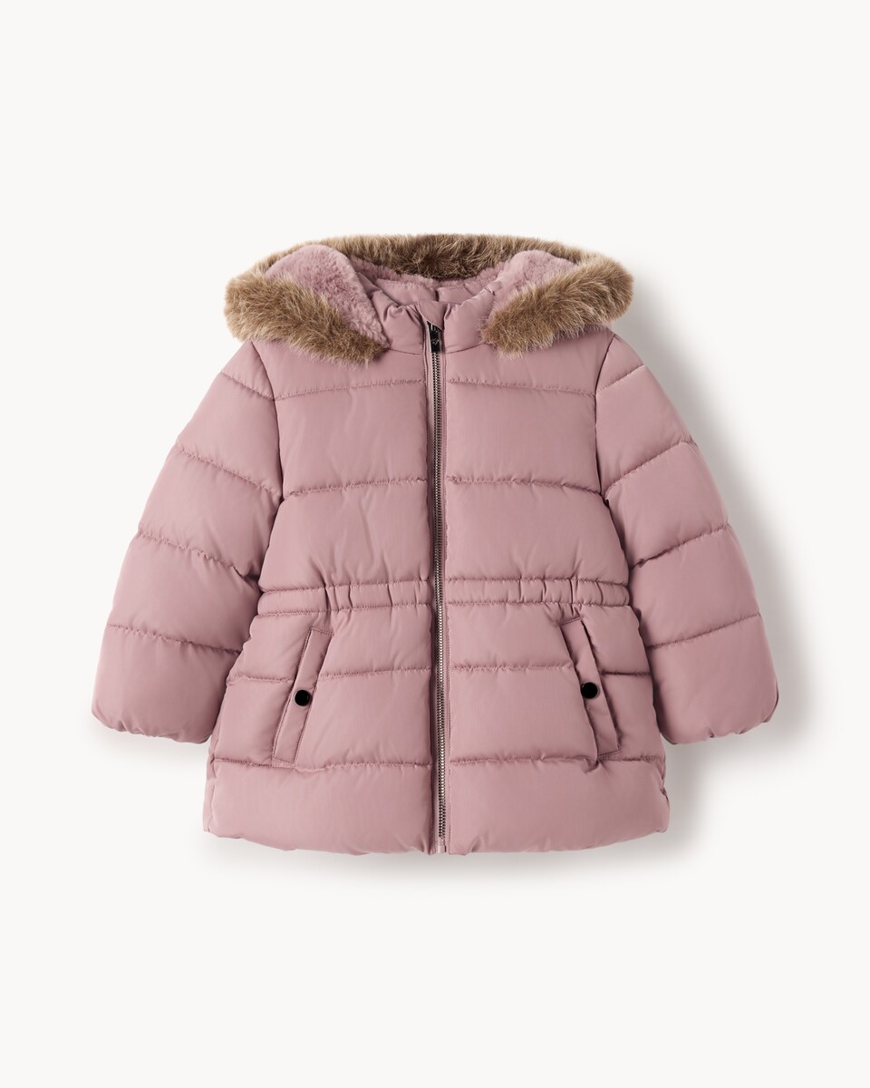 image 1 of F&F Girls Faux Fur Trim Hooded Padded Coat in Pink