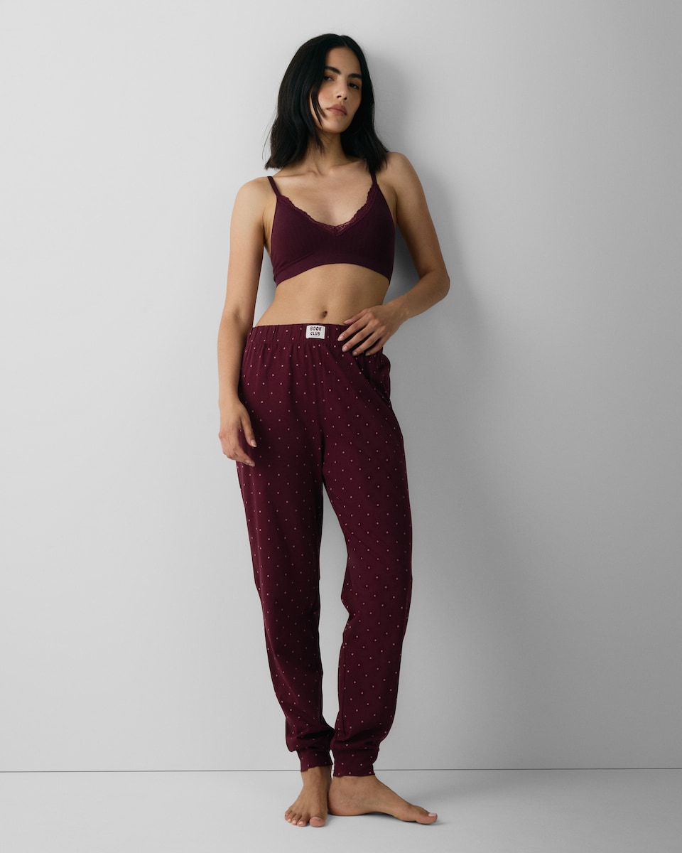 image 1 of F&F Pure Cotton Polka Dot Pyjama Bottoms in Burgundy