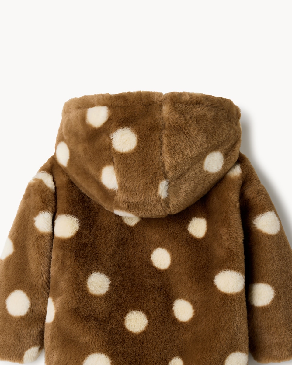 image 1 of F&F Girls Faux Fur Polka Dot Hooded Jacket in Multi Brown
