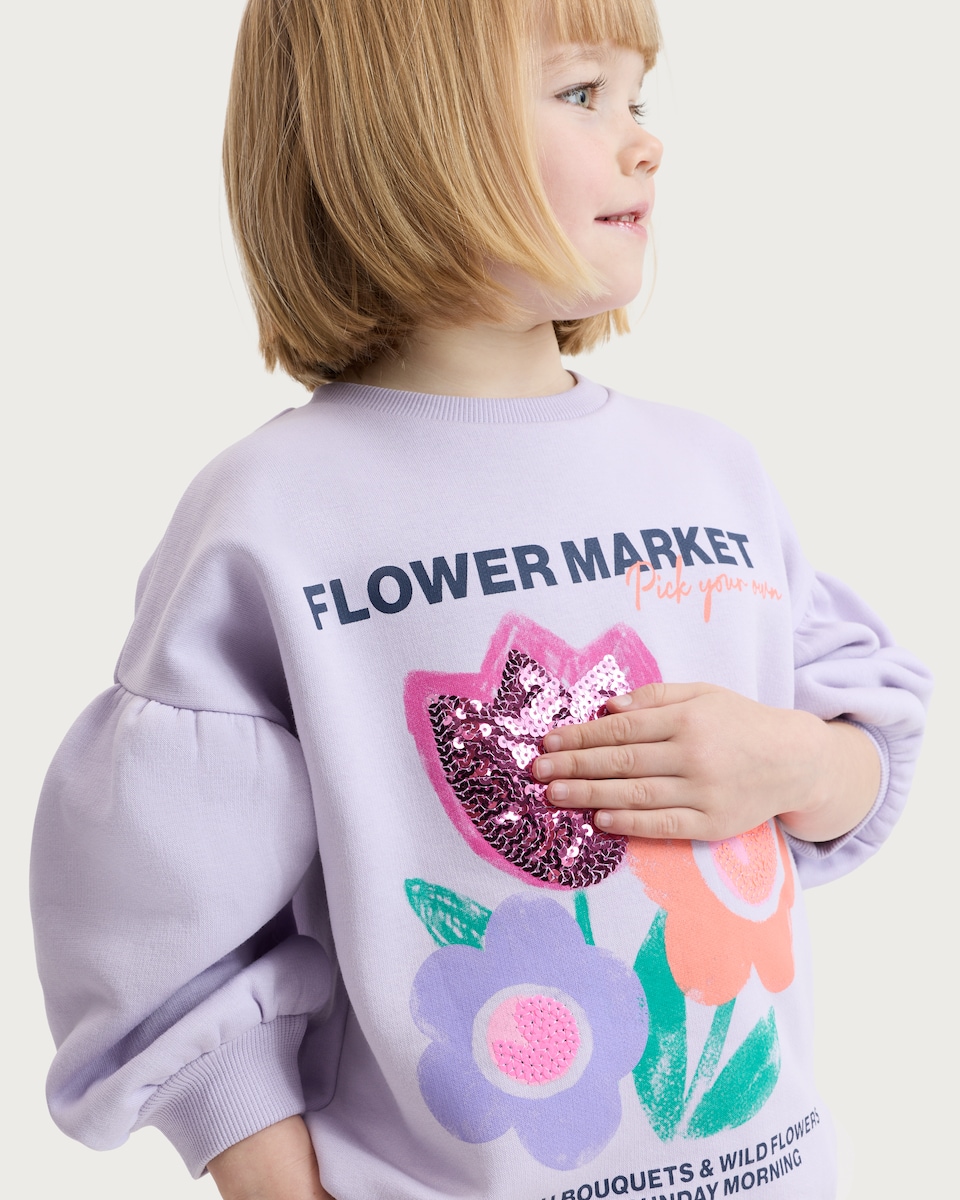 image 1 of F&F Girls Cotton Rich Flower Market Sequin Sweatshirt in Lilac