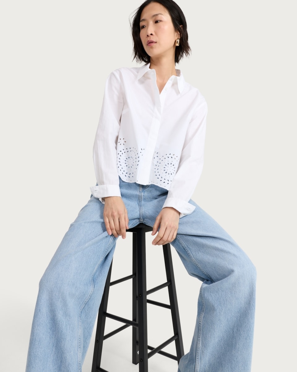 image 1 of F&F Pure Cotton Poplin Broderie Scalloped Hem Shirt in White