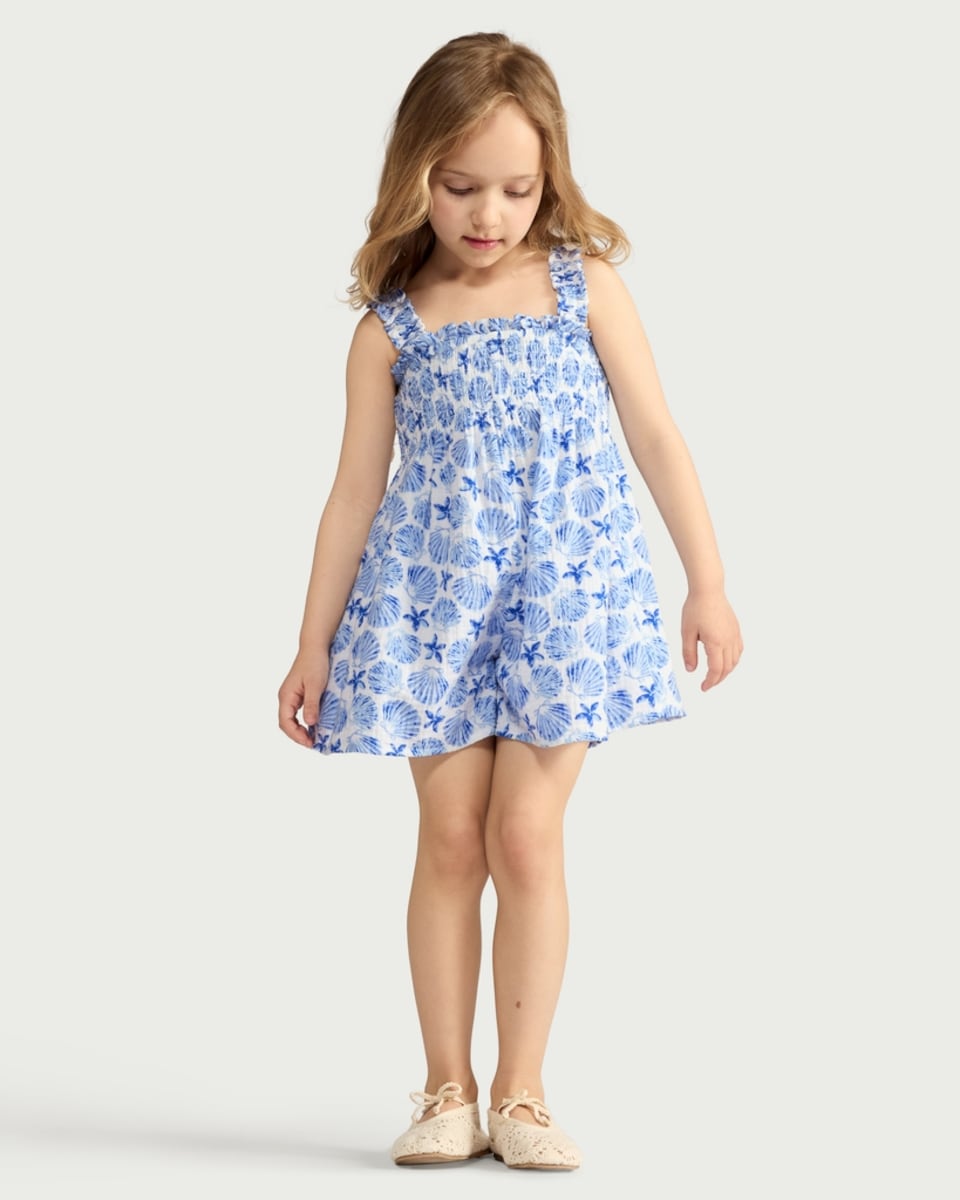 image 1 of F&F Girls Pure Cotton Shell Print Playsuit in Blue