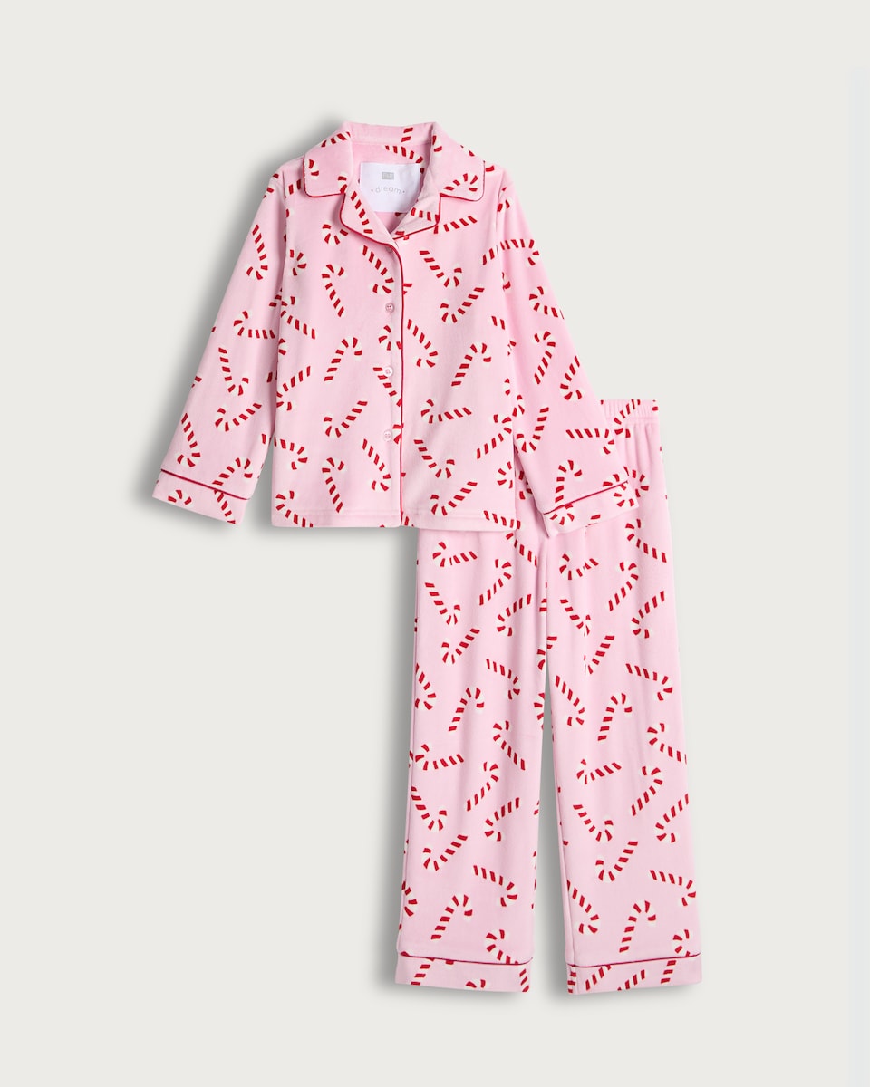 image 1 of F&F Girls Candy Cane Print Shirt and Trousers Pyjamas in Pink
