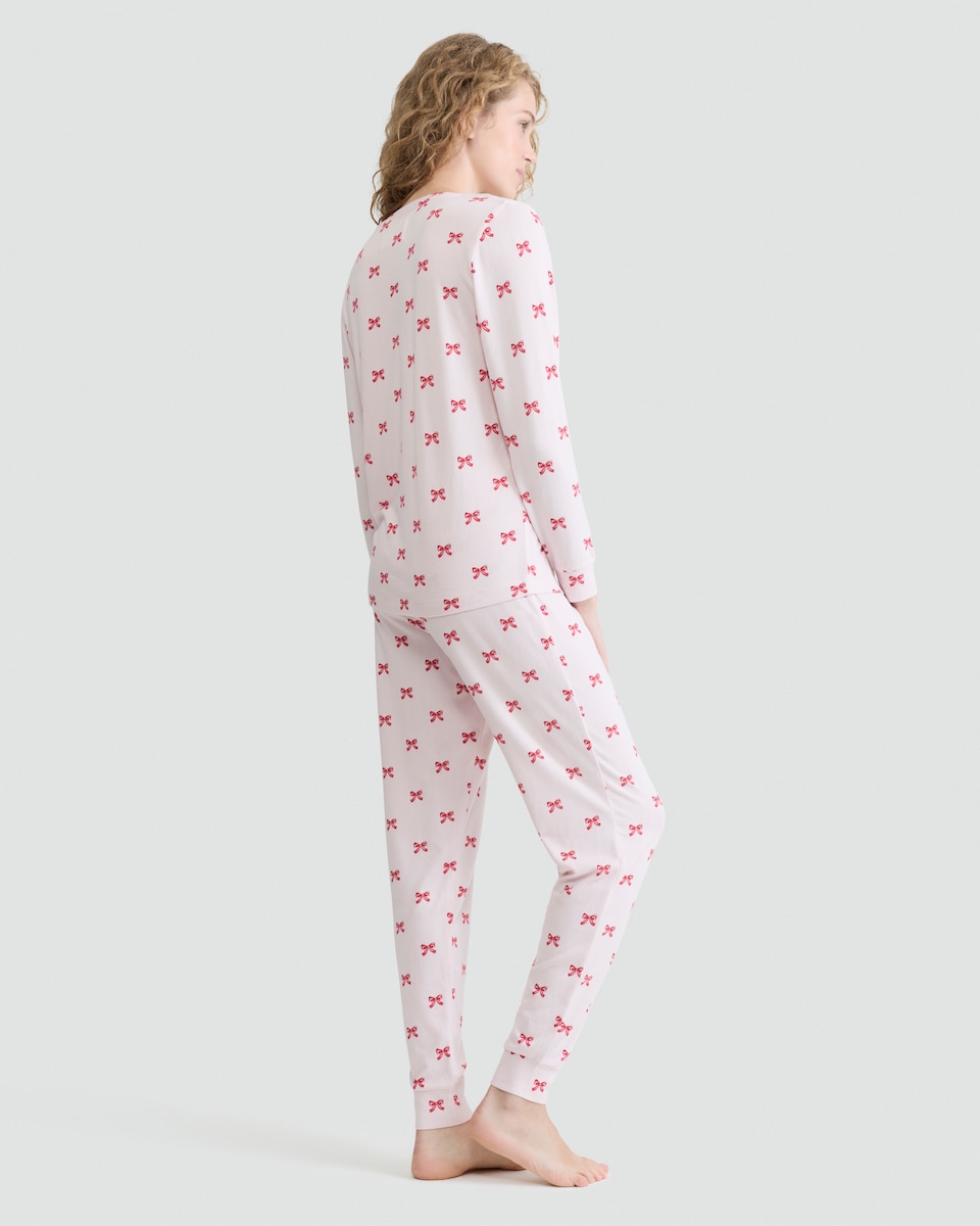 image 1 of F&F Bow Print Top and Cuffed Joggers Pyjamas in Pink