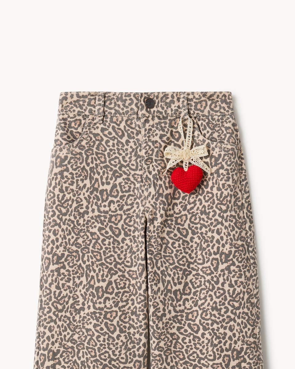 image 1 of F&F Girls Pure Cotton Leopard Print Wide Leg Jeans in Multi Brown