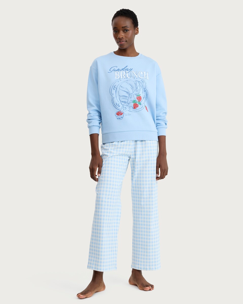 image 1 of F&F Cotton Rich Sunday Brunch Slogan Pyjama Set in Blue