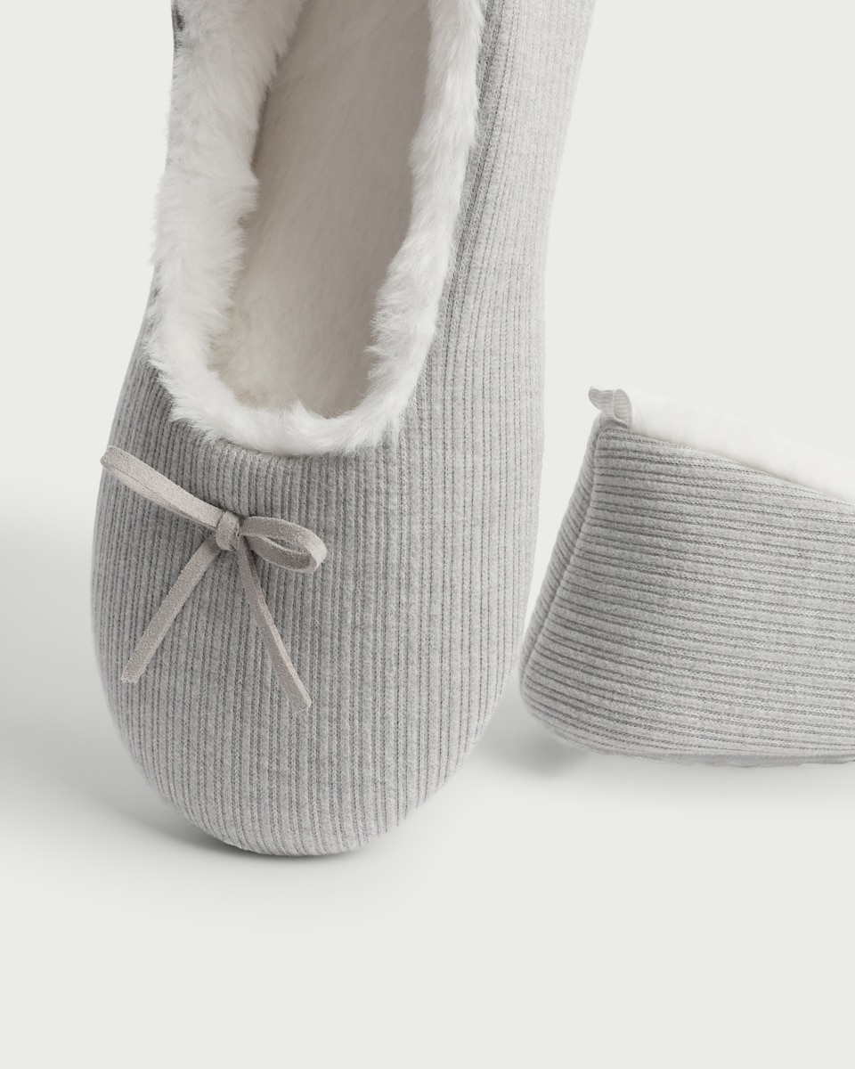 image 1 of F&F Snit Textured Bow Ballet Slippers in Grey