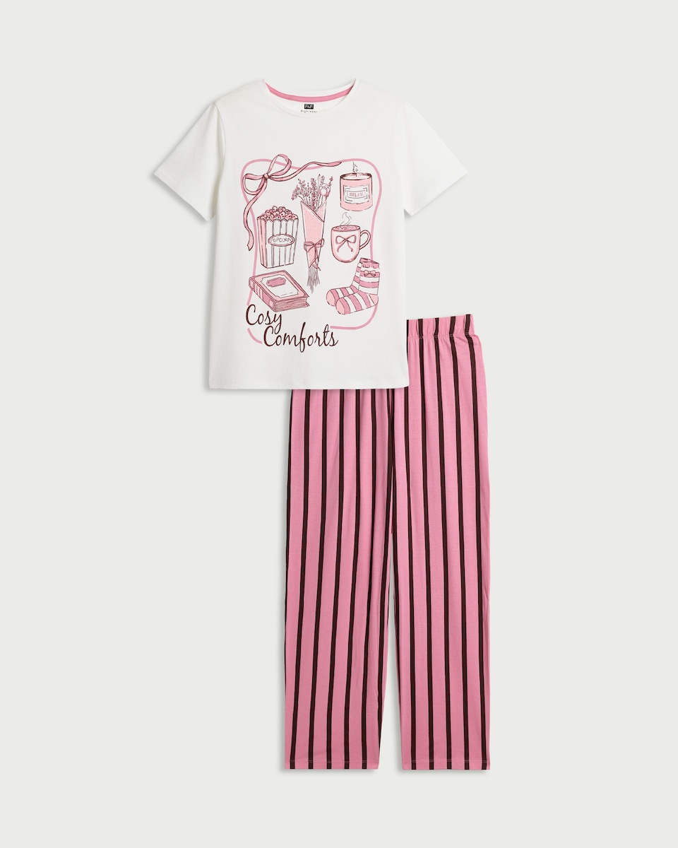 image 1 of F&F Pure Cotton Cosy Comforts Pyjama Set in Multi Pink