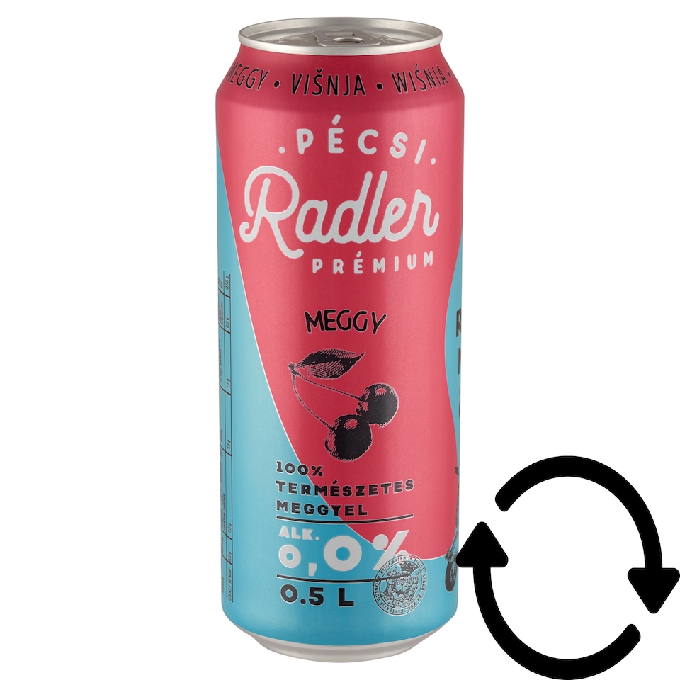 Pécsi Radler Prémium Meggy alkoholmentes világos sör és meggy ízű szénsavas üdítőital 0,0% 0,5 l