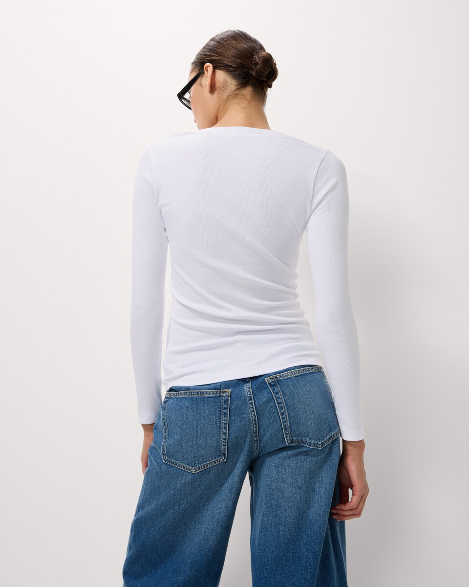 image 1 of F&F Cotton Rich Ribbed Long Sleeved Top in White
