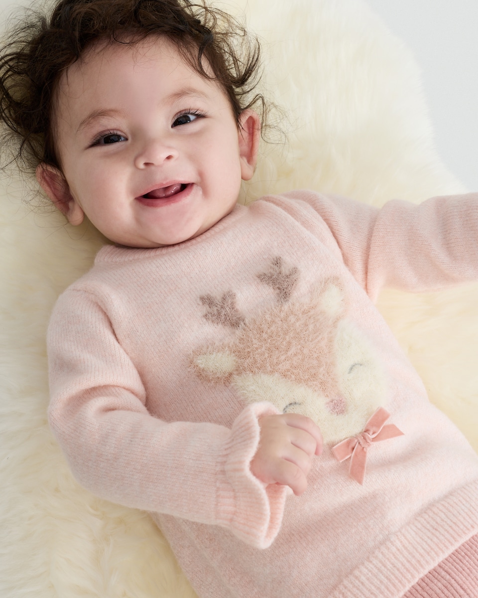 image 1 of F&F Baby Fluffy Reindeer Jumper in Stone