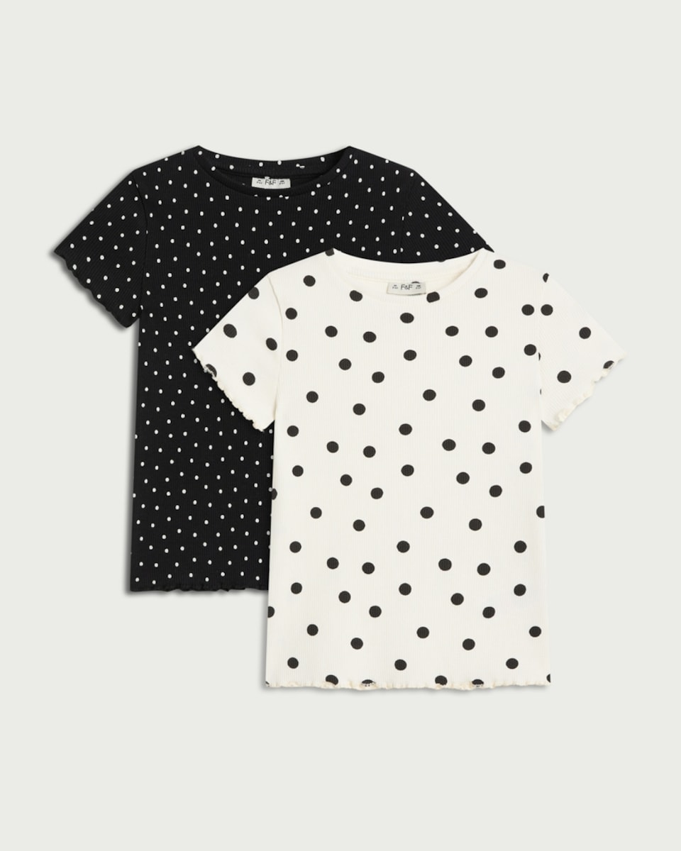image 1 of F&F Girls 2-Pack Cotton Rich Ribbed Polka Dot T-Shirts in Multi Black White