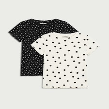 F&F Girls 2-Pack Cotton Rich Ribbed Polka Dot T-Shirts in Multi Black White