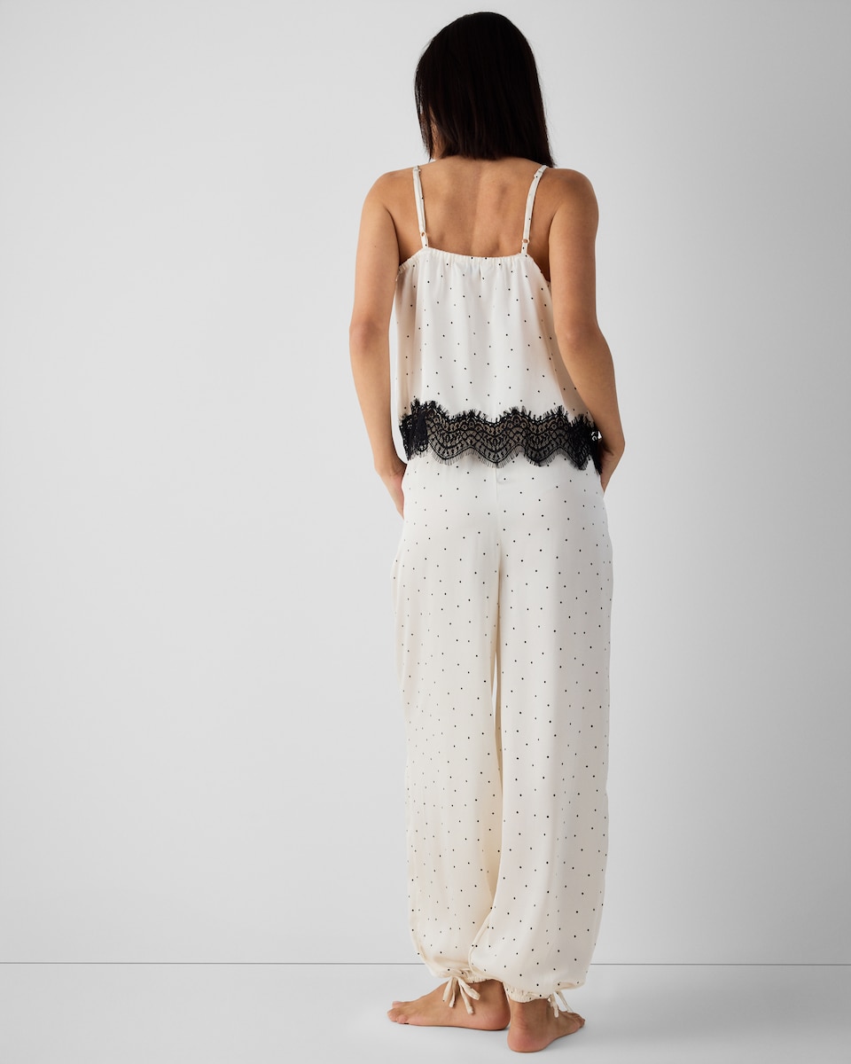 image 1 of F&F Satin Polka Dot Lace Trim Pyjama Set in Cream