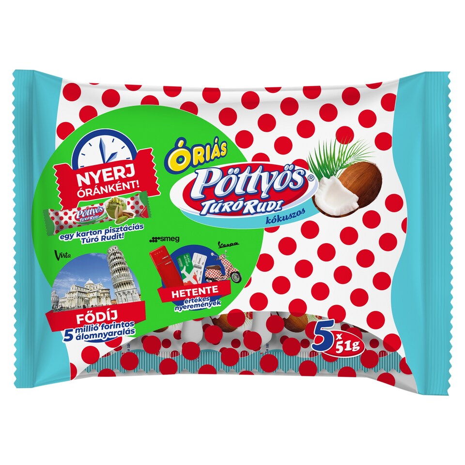 Pöttyös Óriás Túró Rudi desszertkészítmény kakaós tejbevonattal kókusszal 5 x 51 g (255 g)