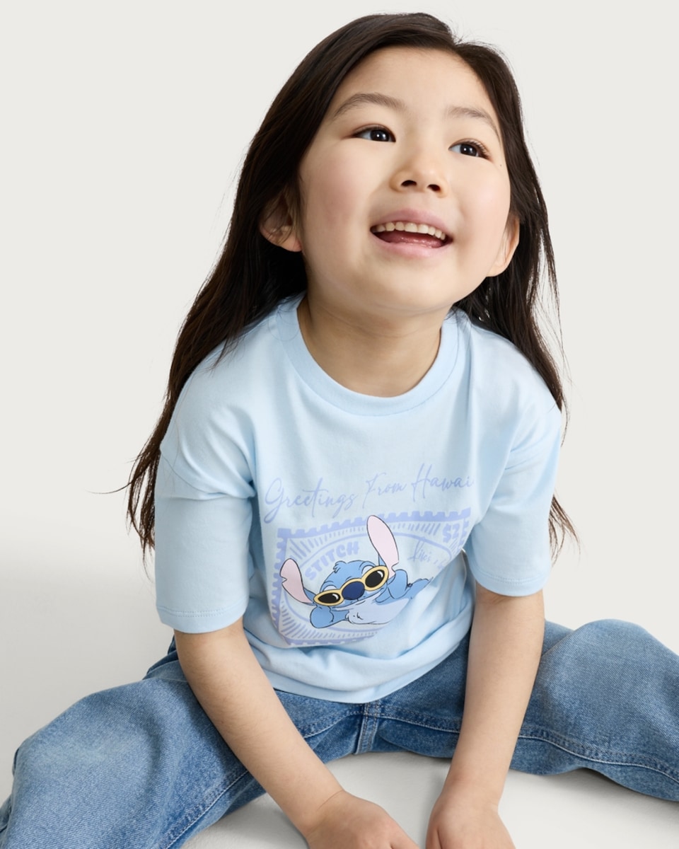 image 1 of Disney Stitch Pure Cotton Greetings From Hawaii T-Shirt in Blue