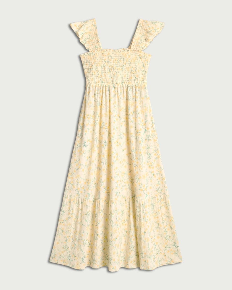 image 1 of F&F Floral Print Smocked Midi Dress in Yellow