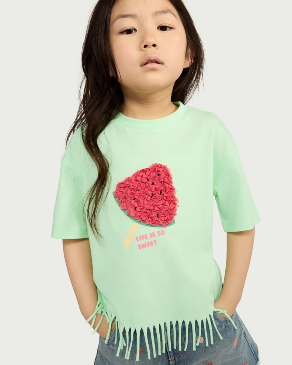 image 1 of F&F Girls Pure Cotton Watermelon Fringed Hem T-Shirt in Green