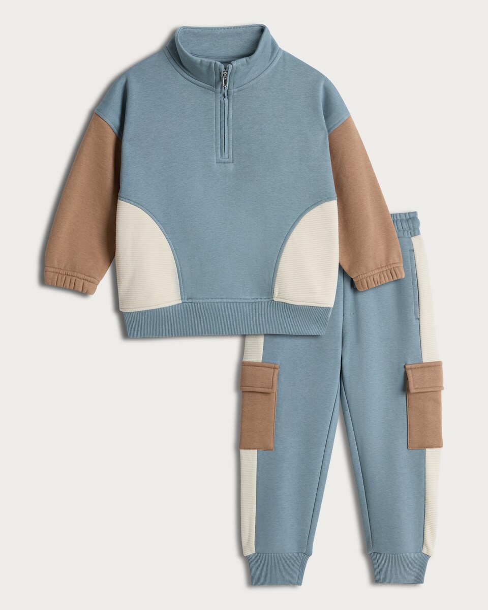 image 1 of F&F Boys 2-Piece Cotton Rich Colour Block Half Zip Sweatshirt and Joggers Set in Blue