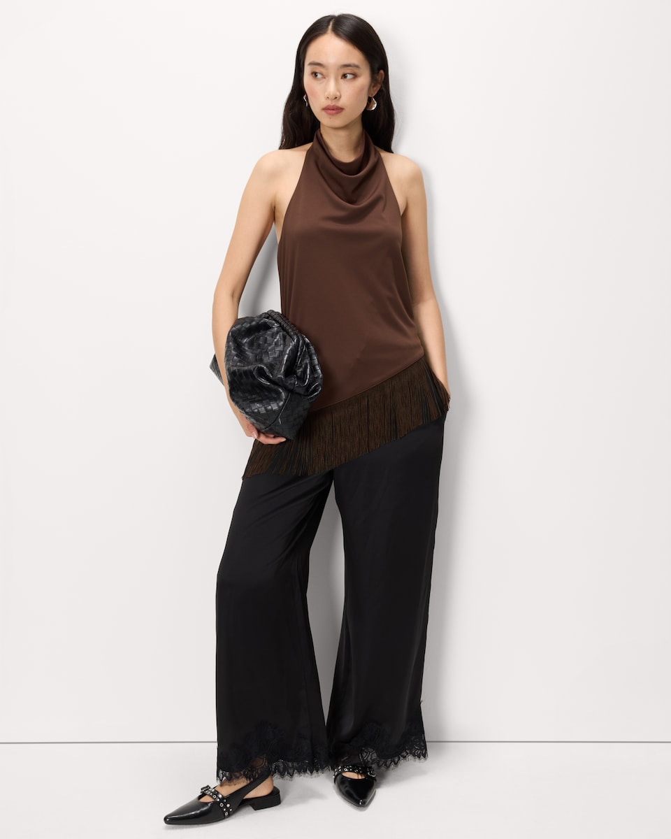 image 1 of F&F Sleeveless Halter Neck Fringed Top in Brown