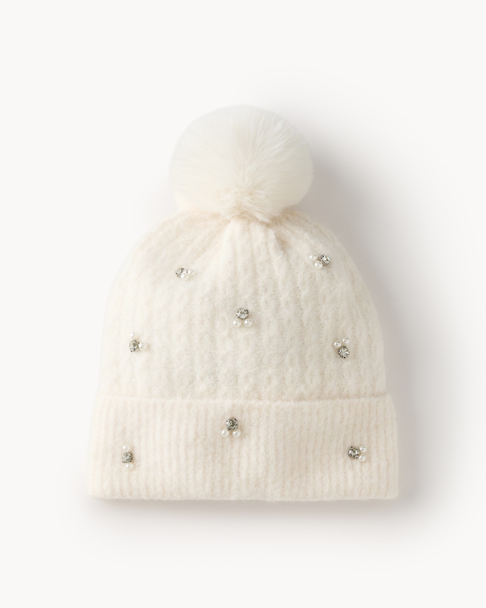 image 1 of F&F Embellished Pom Pom Beanie Hat in Cream
