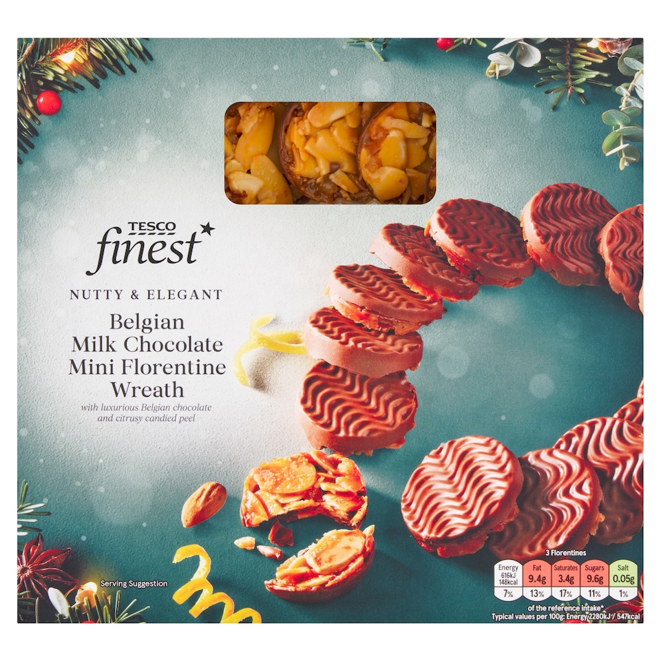 Obrázek 1 pro produkt Tesco Finest Florentýnky karamelová kolečka s mandlemi, proslazenou citrusovou kůrou v čokoládě 135g