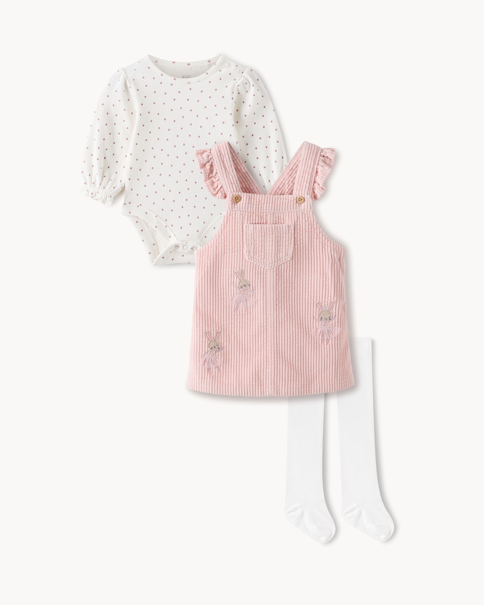 image 1 of F&F Baby Cotton Rich Bodysuit, Pinafore Dress and Tights Set in Pink