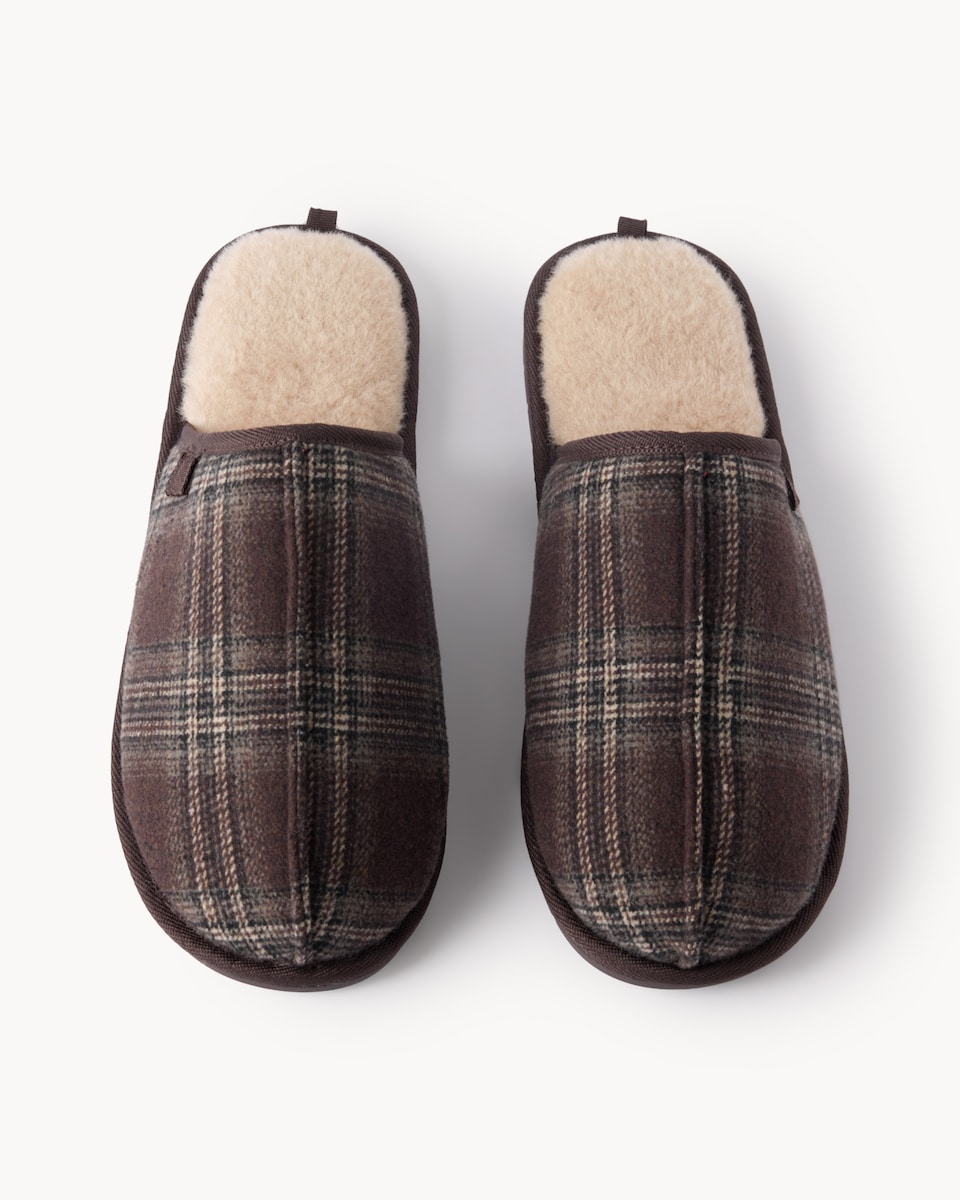 image 1 of F&F Faux Fur Lined Checked Mule Slippers in Brown