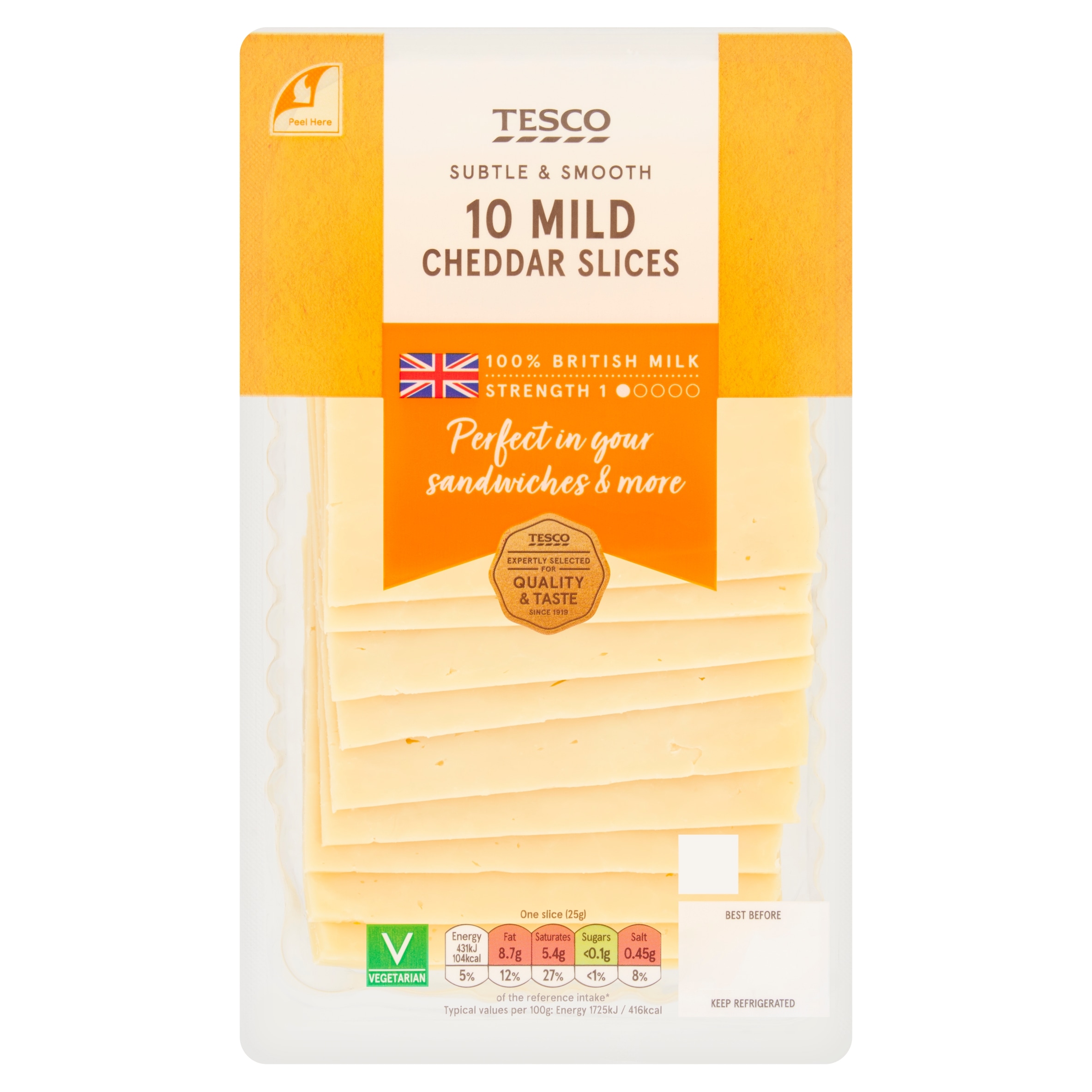 Tesco British Mild Cheddar Cheese 10 Slices, 250 G