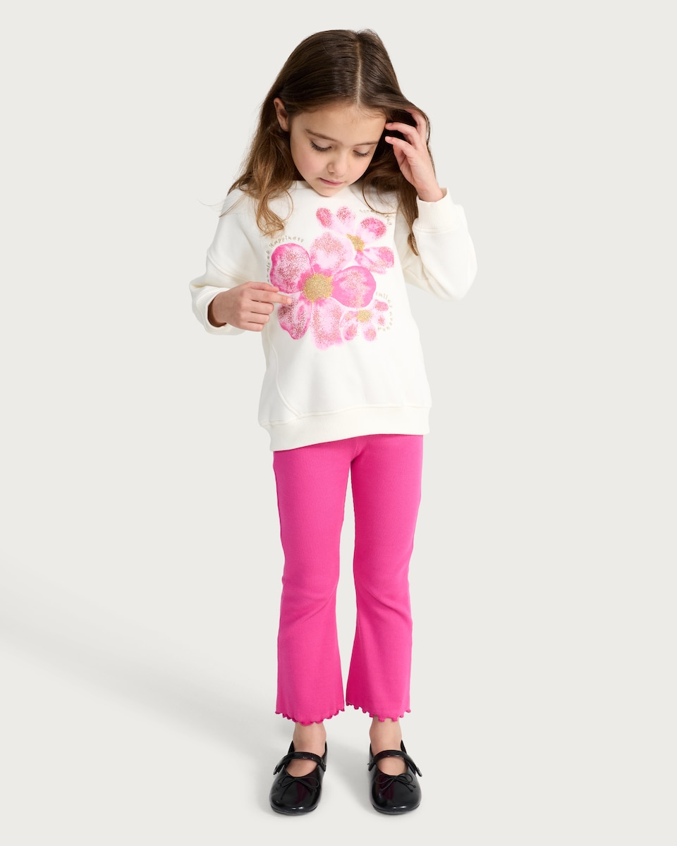 image 1 of F&F Girls 2-Piece Cotton Rich Floral Print Sweatshirt and Ribbed Leggings Set in Multi Pink
