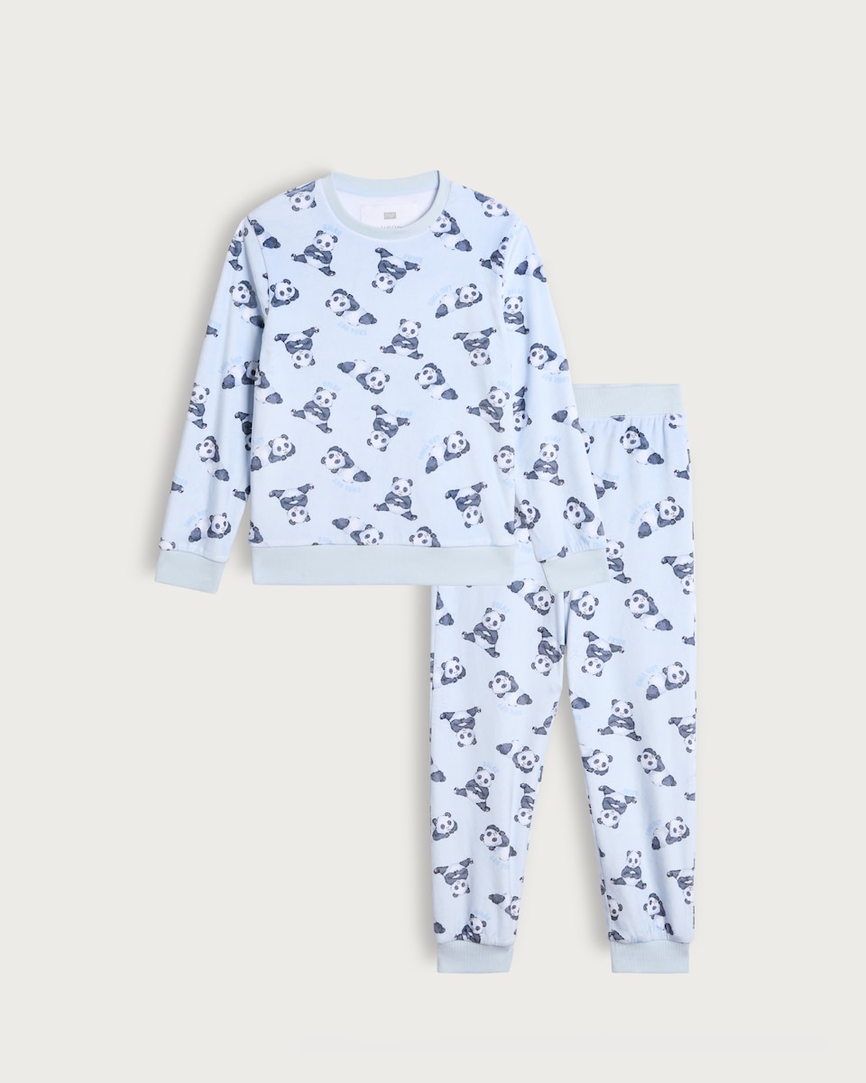 image 1 of F&F Girls Minky Textured Panda Print Pyjama Set in Blue