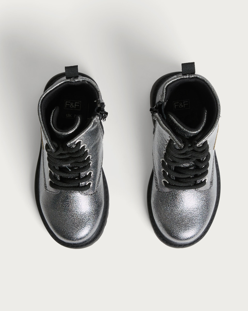 image 1 of F&F Girls Metallic Lace Up Ankle Boots in Multi